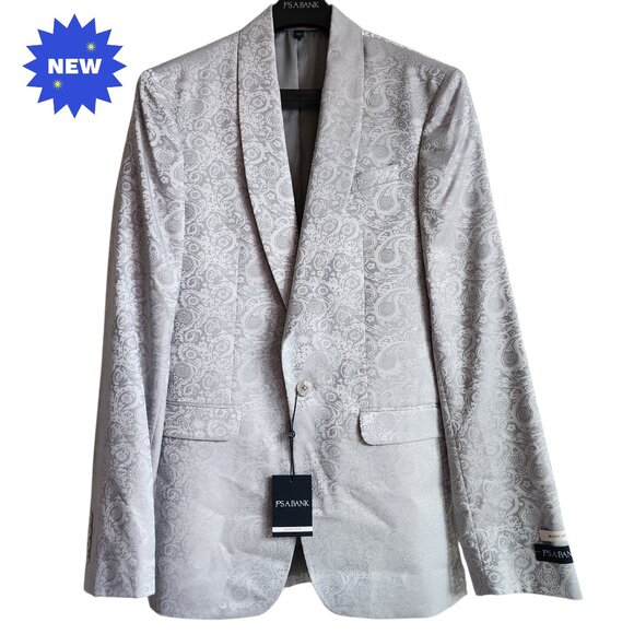 36L Dinner Jacket Silver Gray Shawl Lapel Skinny Fit Long New Jos A Bank Paisley - Picture 1 of 17